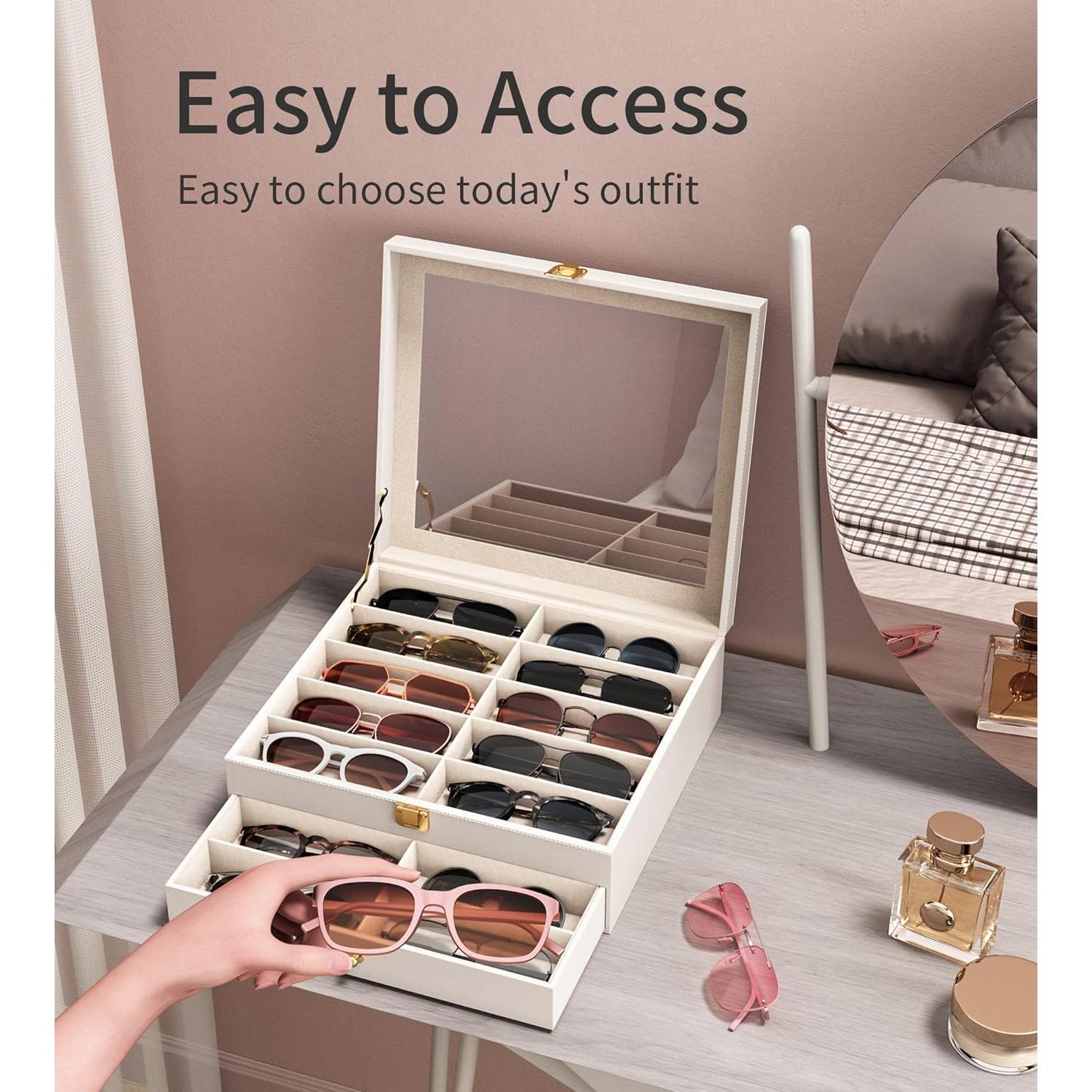 Organizador de Gafas de Sol 20 Compartimentos Blanco - Caja Almacenamiento Transparente