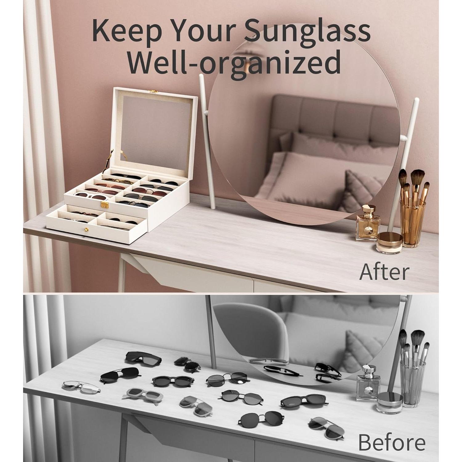 Organizador de Gafas de Sol 20 Compartimentos Blanco - Caja Almacenamiento Transparente