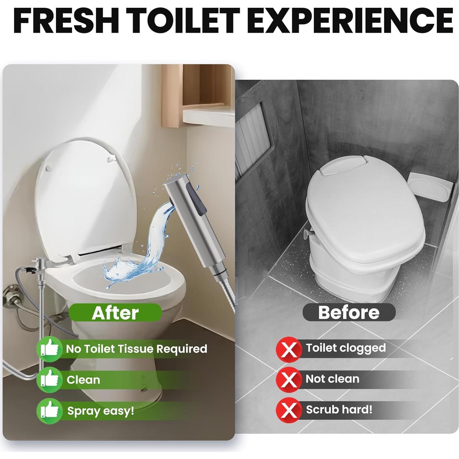 RV Bidet Sprayer with Stainless Steel Holster, Side-Mounted Handheld Bidet with Hose, RV Fitting, Shut-Off Handle, for Motorhomes, Travel Trailers & Campers Toilet (Chrome-SideMount)