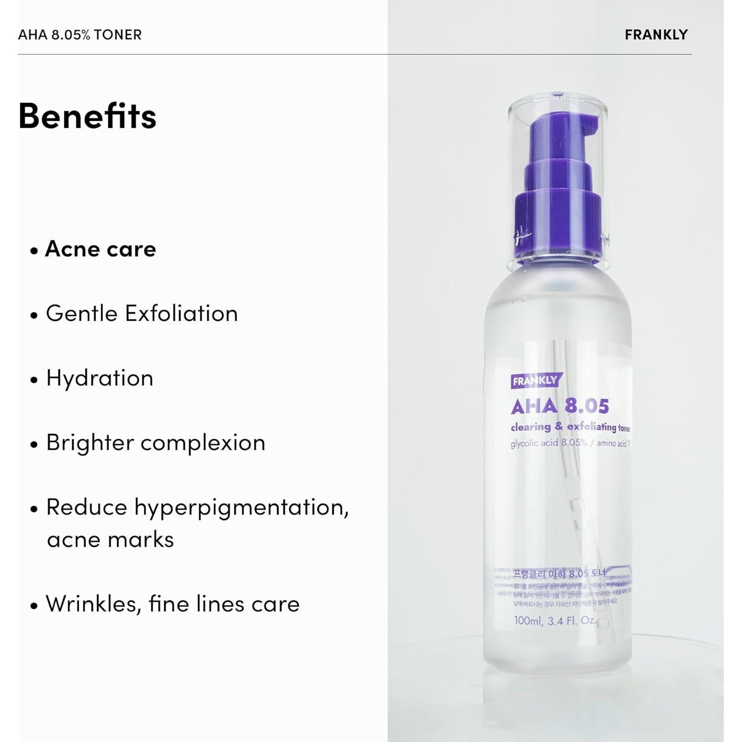 Tónico Exfoliante AHA 8.05% Frankly 100 ml - Hidratante y Refinador de Poros