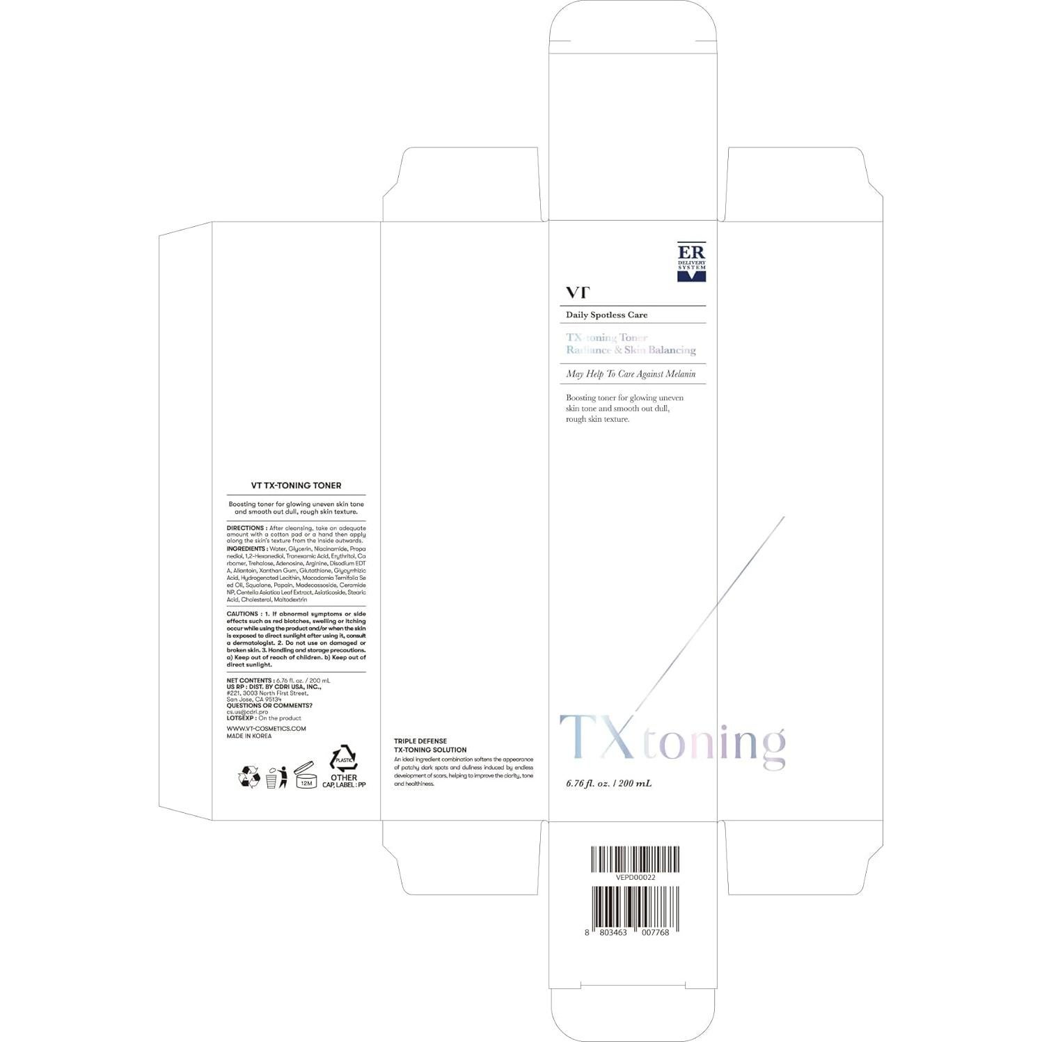 Tónico Facial Aclarante VT COSMETICS 199.5 ml - Ácido Tranexámico, Niacinamida, Hidratante