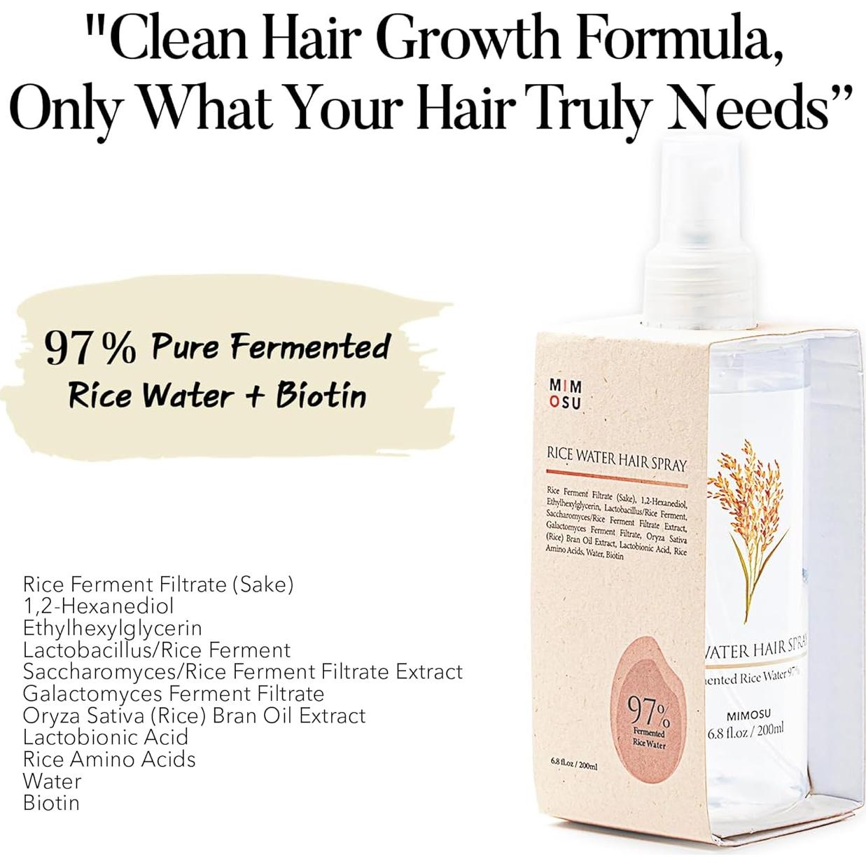 Spray para Crecimiento del Cabello Mimosu 200ml - Agua de Arroz Fermentada y Biotina