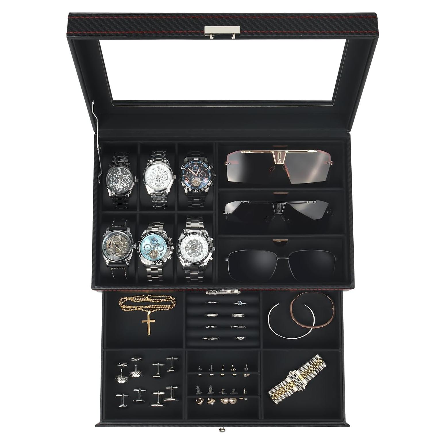 Organizador de Joyería Kukikan para 6 Relojes y Gafas - Negro