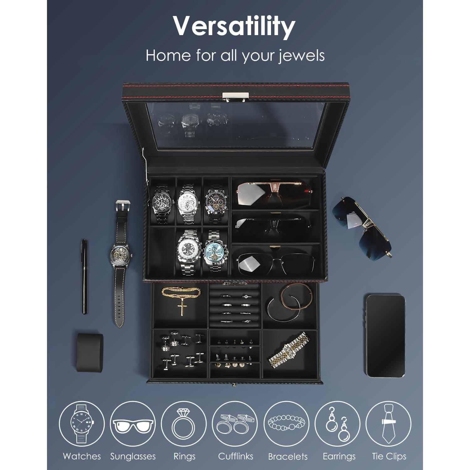 Organizador de Joyería Kukikan para 6 Relojes y Gafas - Negro