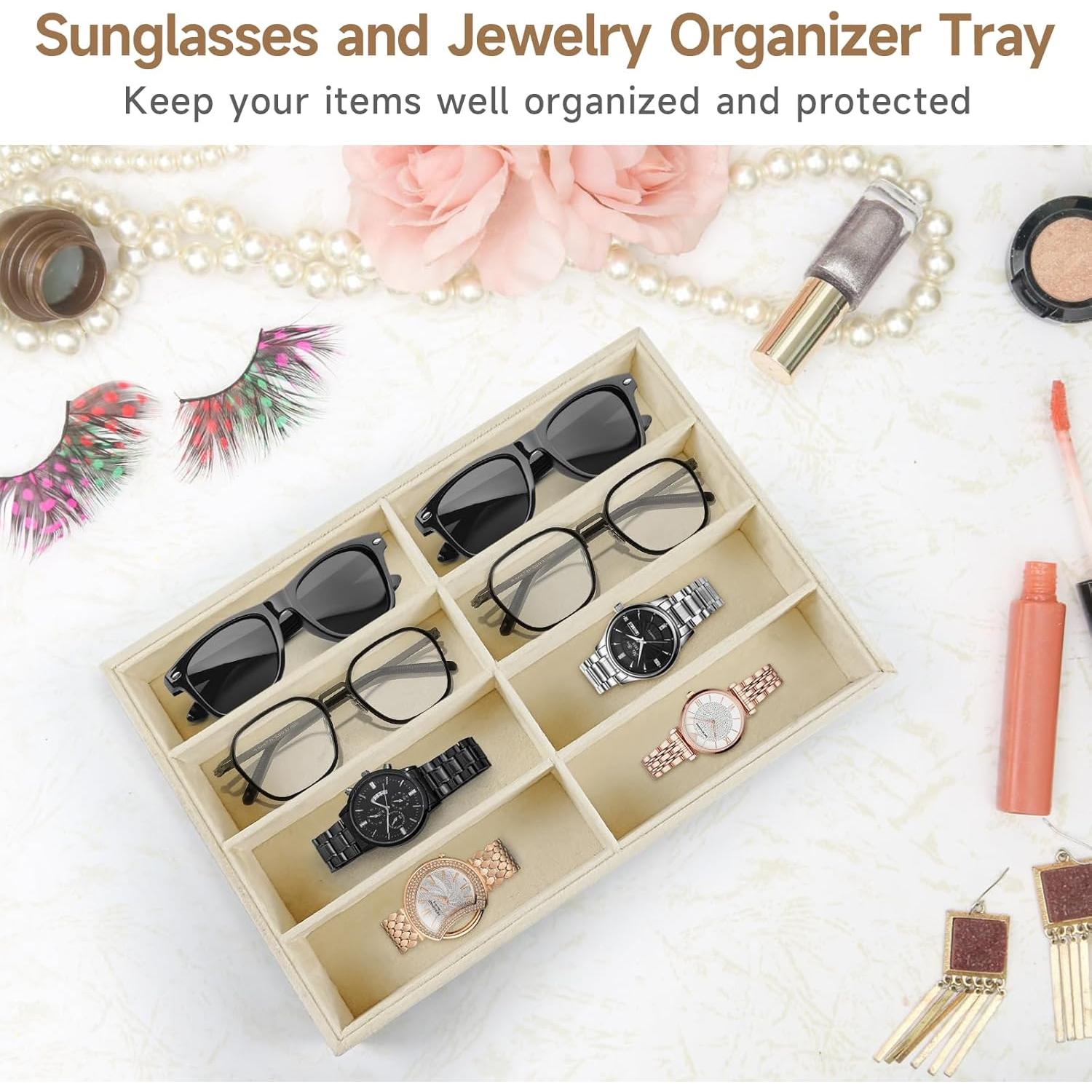 2 Bandejas Organizadoras de Gafas FJIAYU Beige Apilables 8 Compartimentos