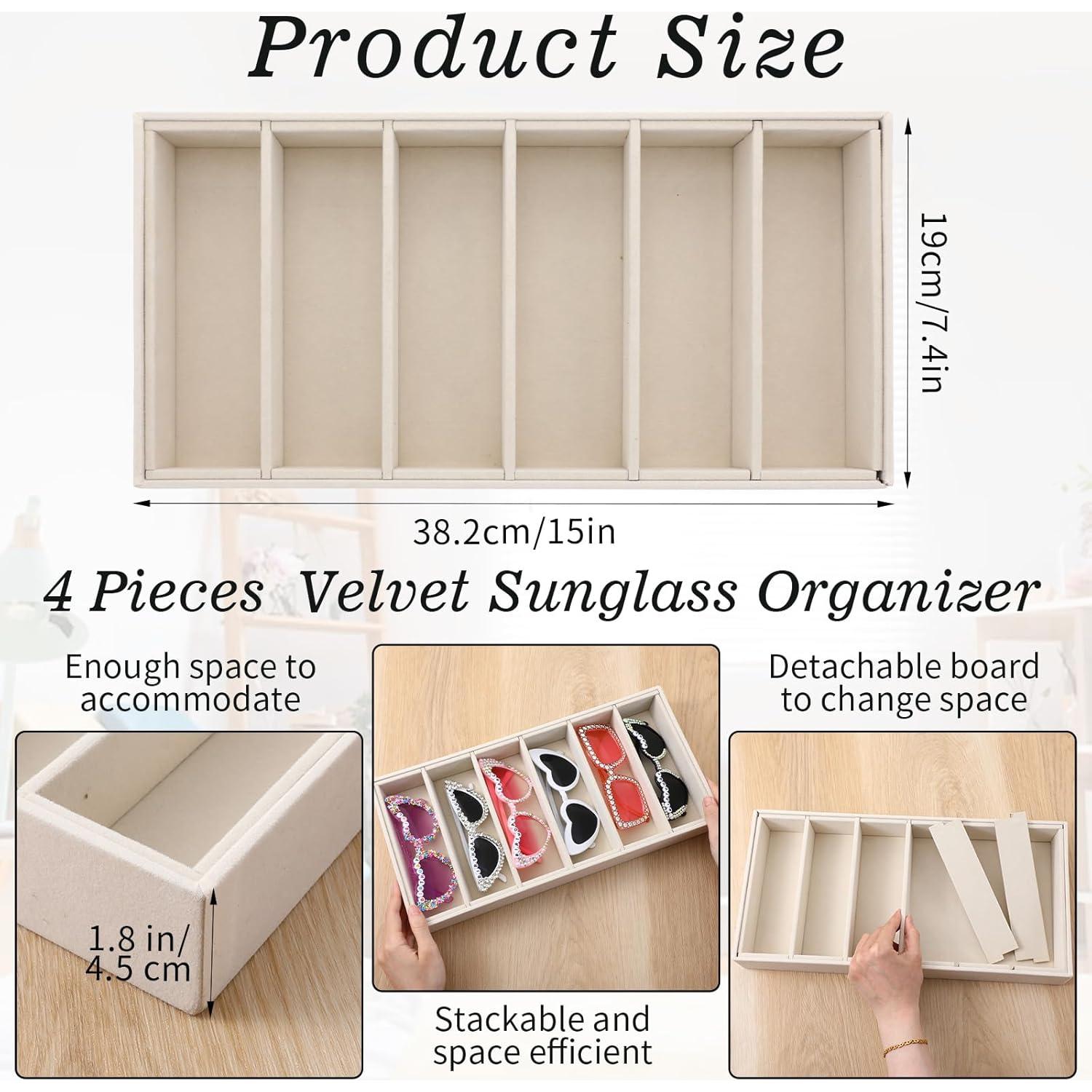 4 Bandejas Organizadoras de Gafas de Sol Terciopelo Beige