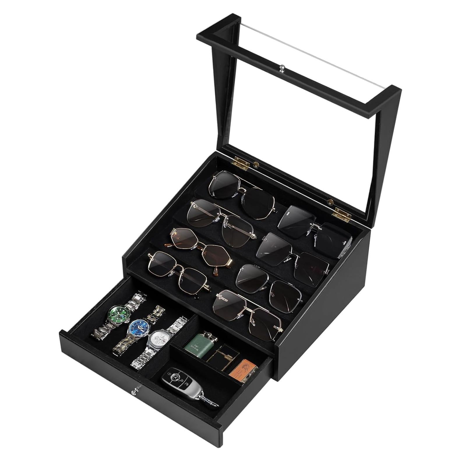 Organizador de Gafas de Sol Yoimori para 14 Pares - Madera y Terciopelo Negro