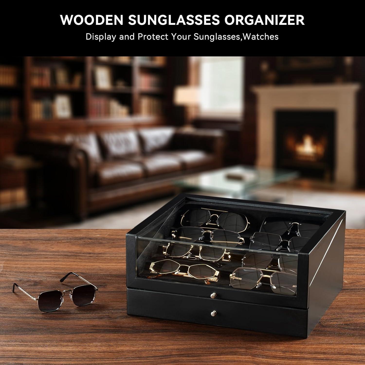 Organizador de Gafas de Sol Yoimori para 14 Pares - Madera y Terciopelo Negro