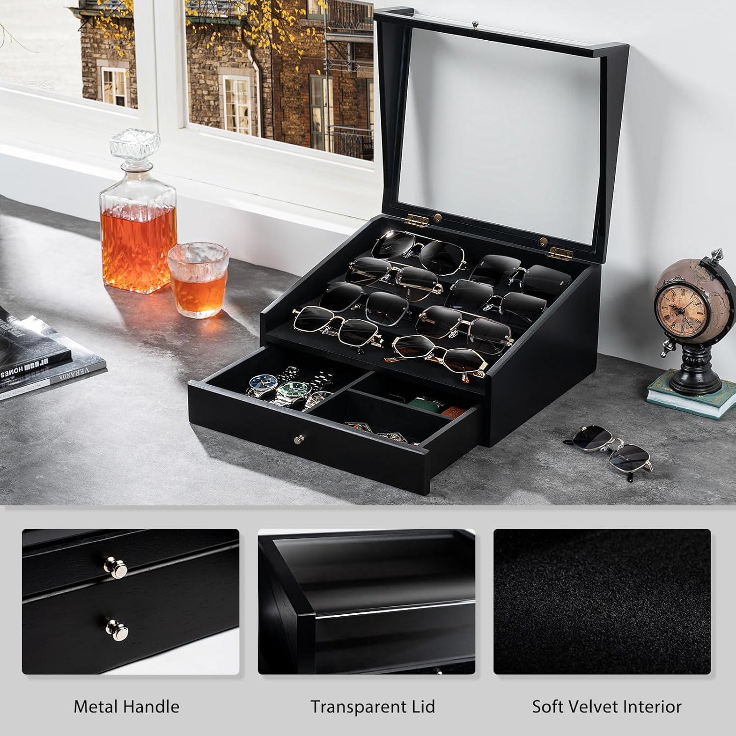 Organizador de Gafas de Sol Yoimori para 14 Pares - Madera y Terciopelo Negro