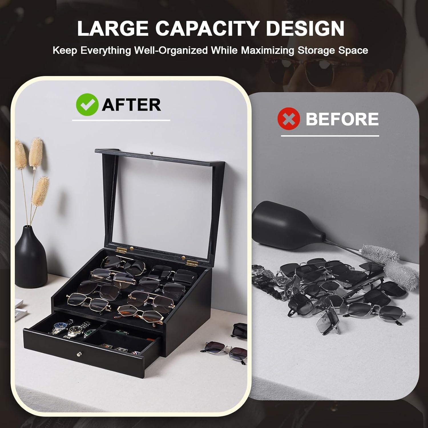 Organizador de Gafas de Sol Yoimori para 14 Pares - Madera y Terciopelo Negro