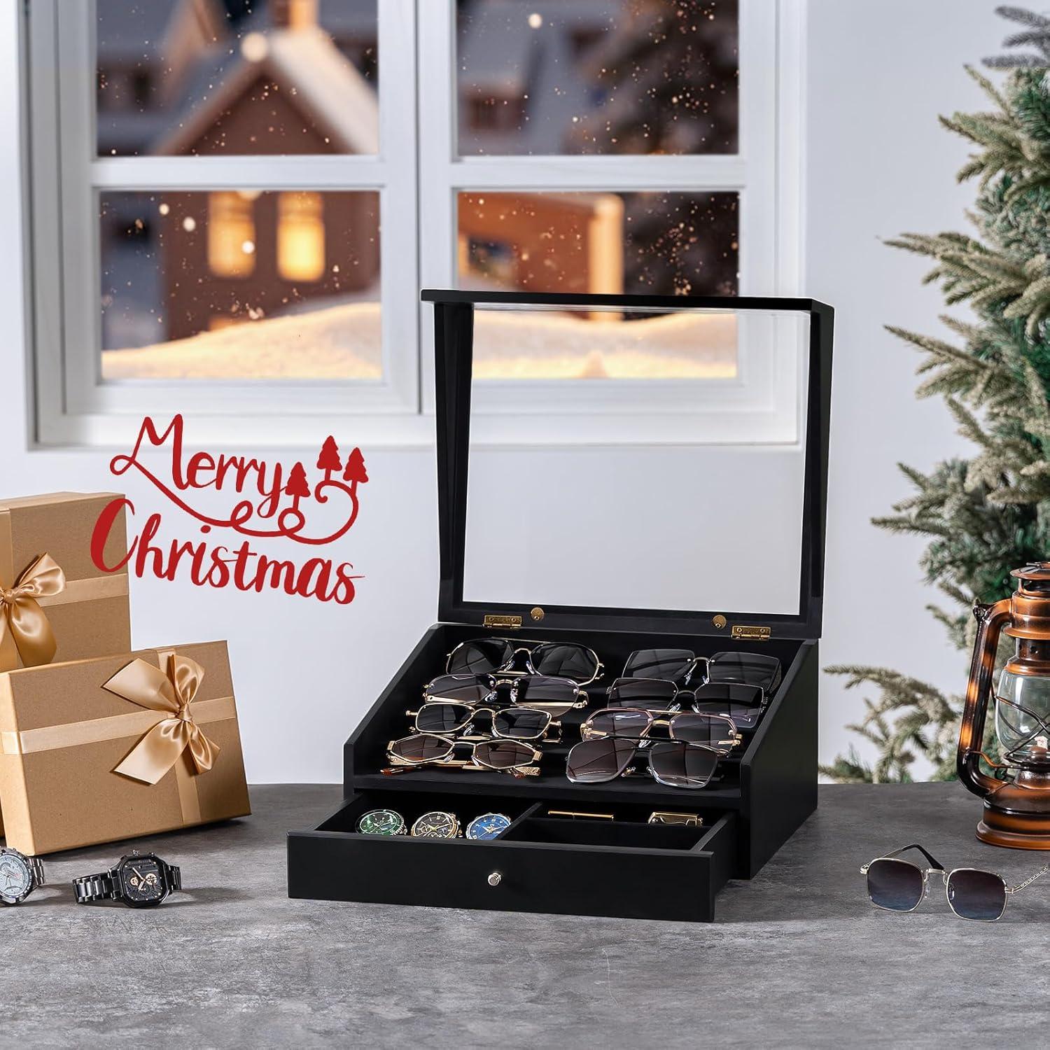 Organizador de Gafas de Sol Yoimori para 14 Pares - Madera y Terciopelo Negro