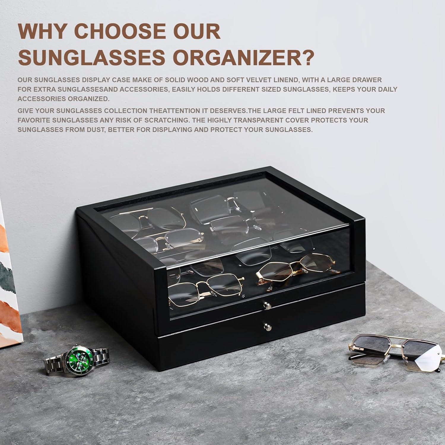 Organizador de Gafas de Sol Yoimori para 14 Pares - Madera y Terciopelo Negro