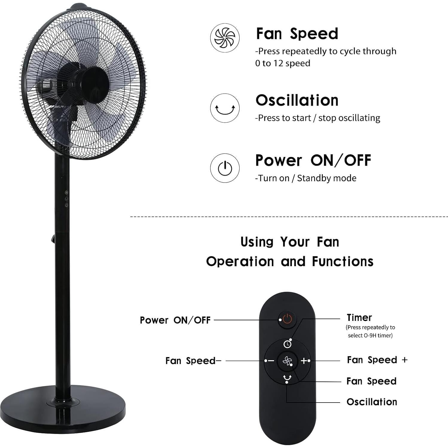 Ventilador de Pie Simple Deluxe 16" Oscilante 12 Velocidades Negro