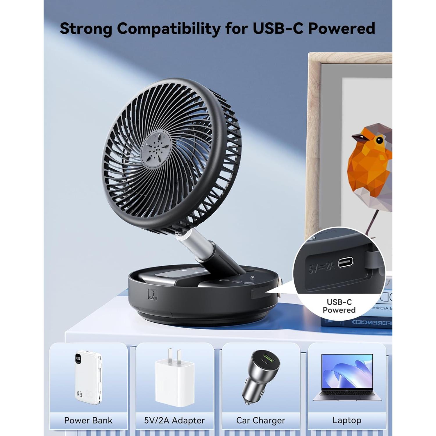 Ventilador de Viaje Oscilante Primelove 8" Negro 4 Velocidades