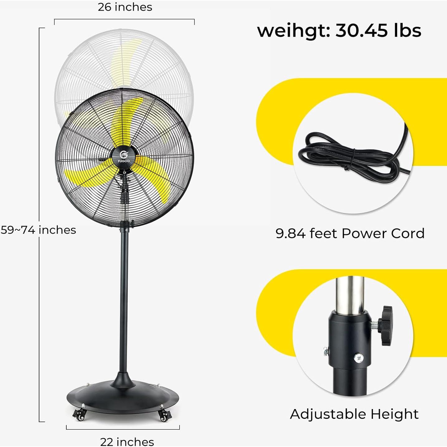 Ventilador de Pedestal Oscilante FUGOO 24" Impermeable 4 Velocidades