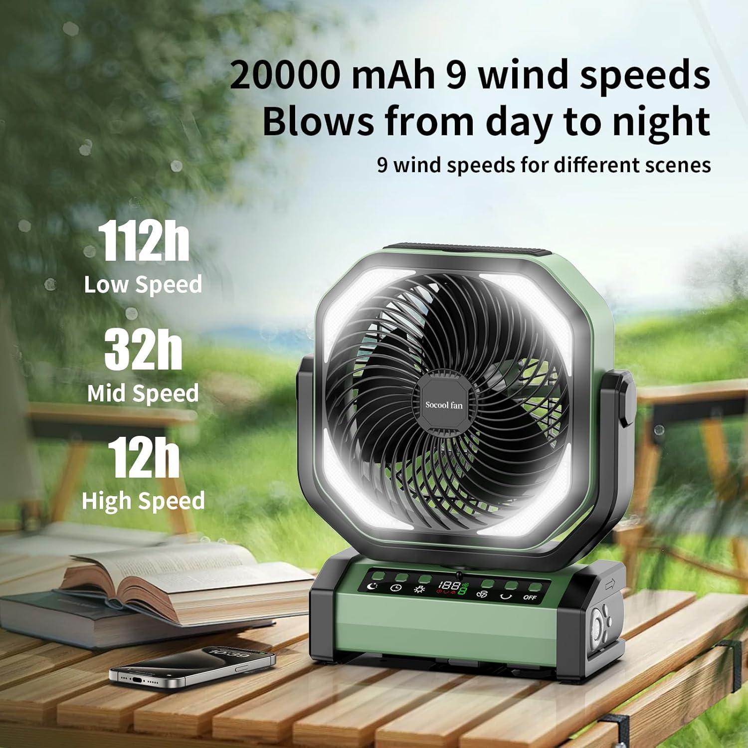 Ventilador de Camping Socool D22 con Luz LED 20000mAh 9 Velocidades