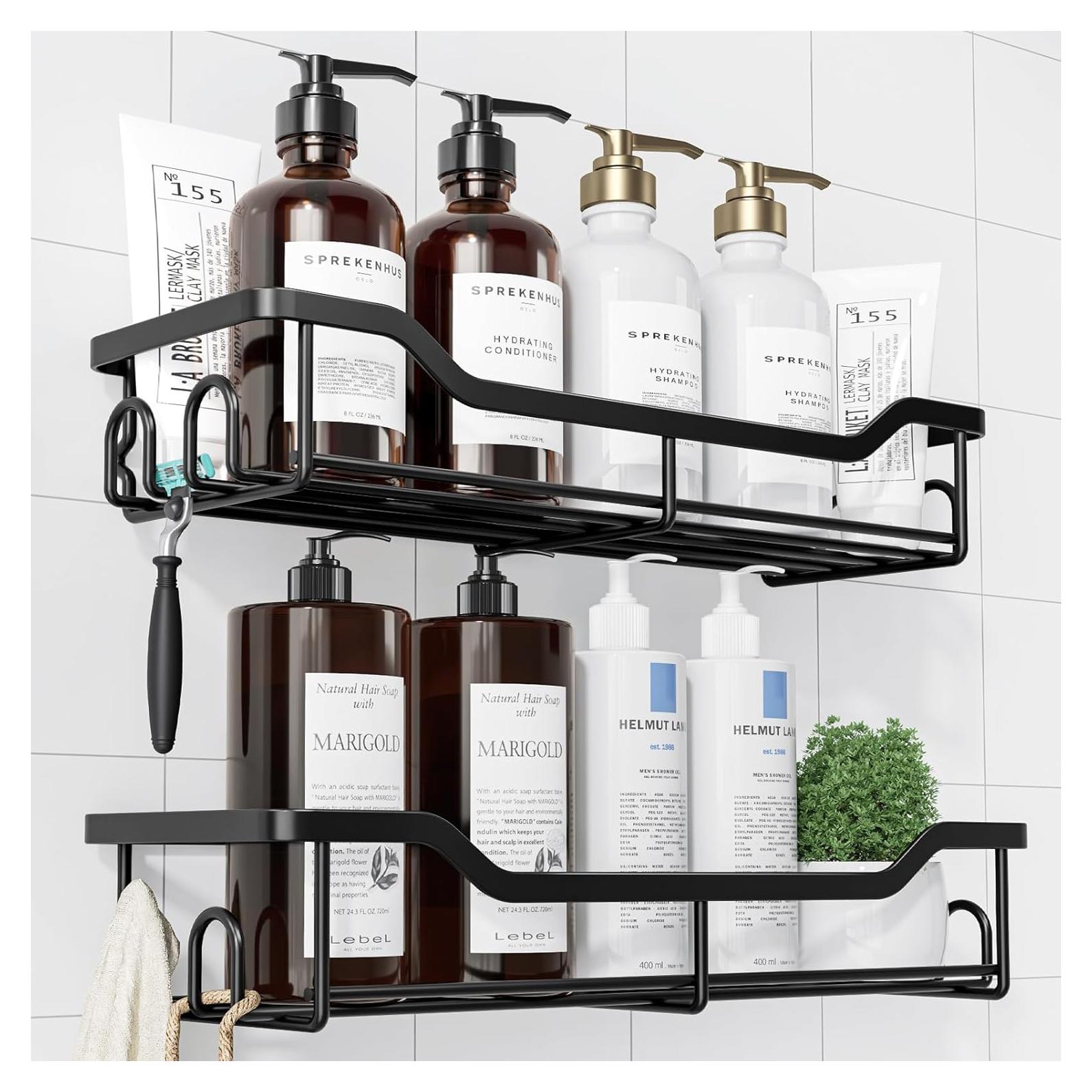 Caddy de Ducha Kitsure Grande - Organizador Adhesivo Acero Inoxidable, Paquete de 2, Negro