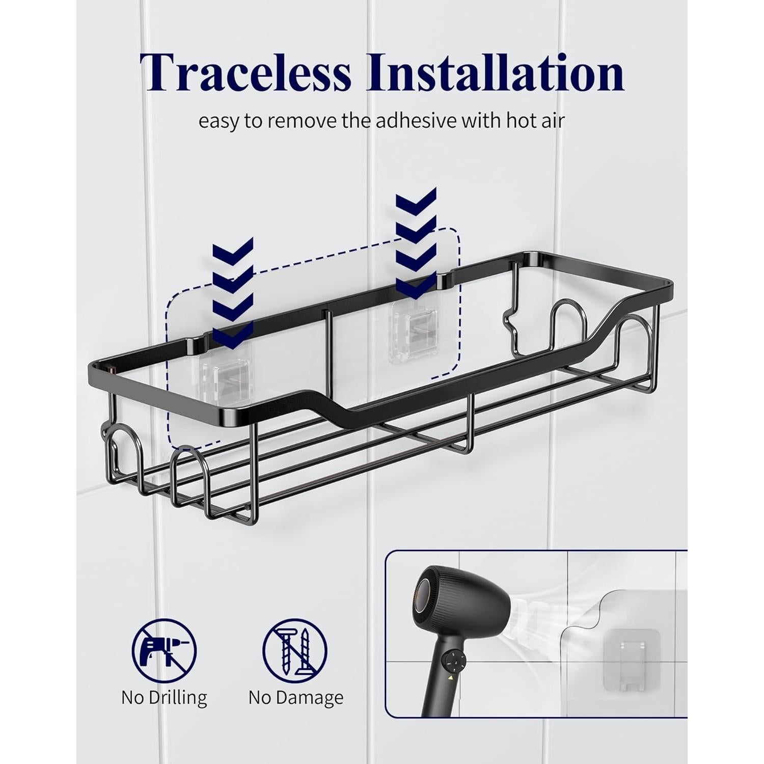 Caddy de Ducha Kitsure Grande - Organizador Adhesivo Acero Inoxidable, Paquete de 2, Negro