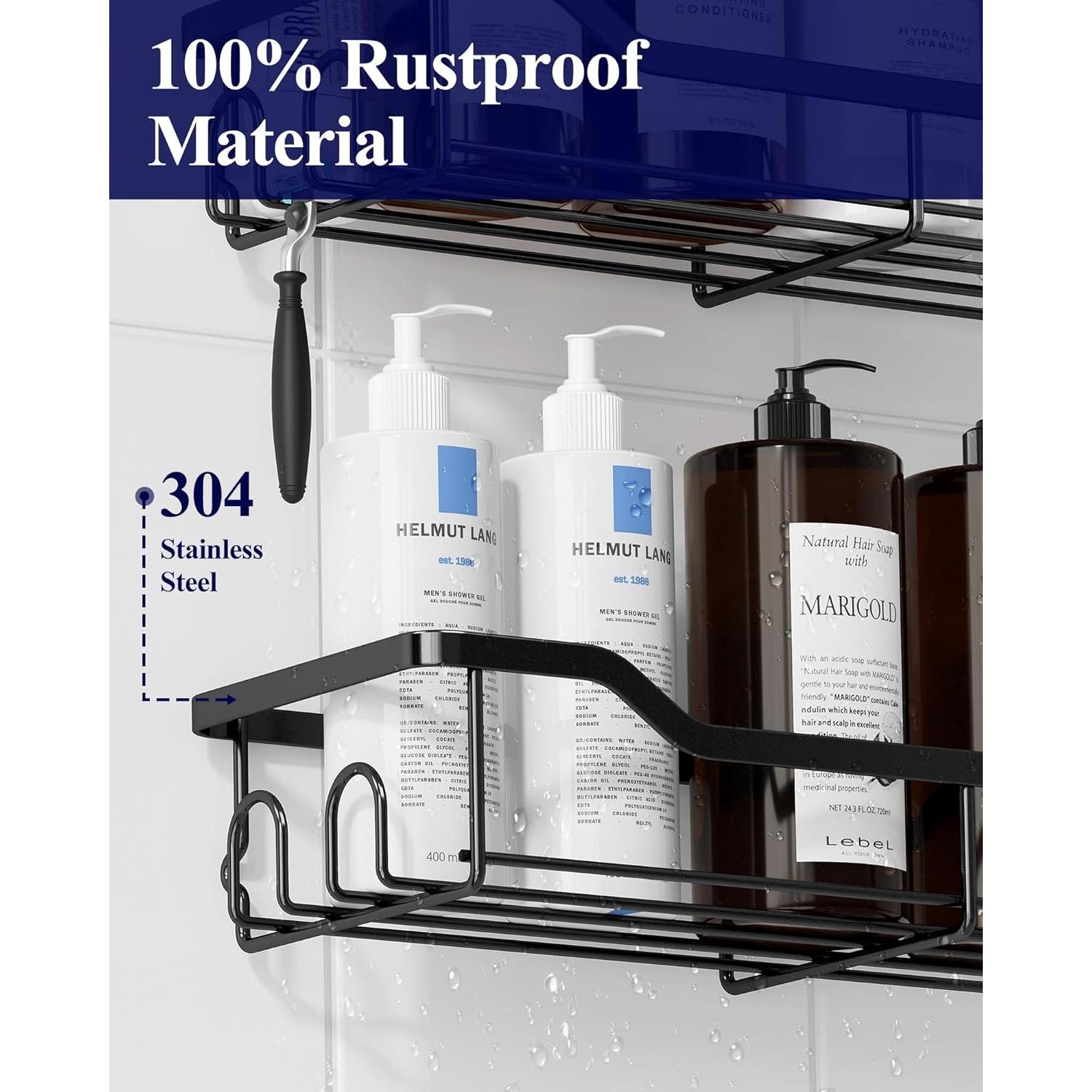 Caddy de Ducha Kitsure Grande - Organizador Adhesivo Acero Inoxidable, Paquete de 2, Negro