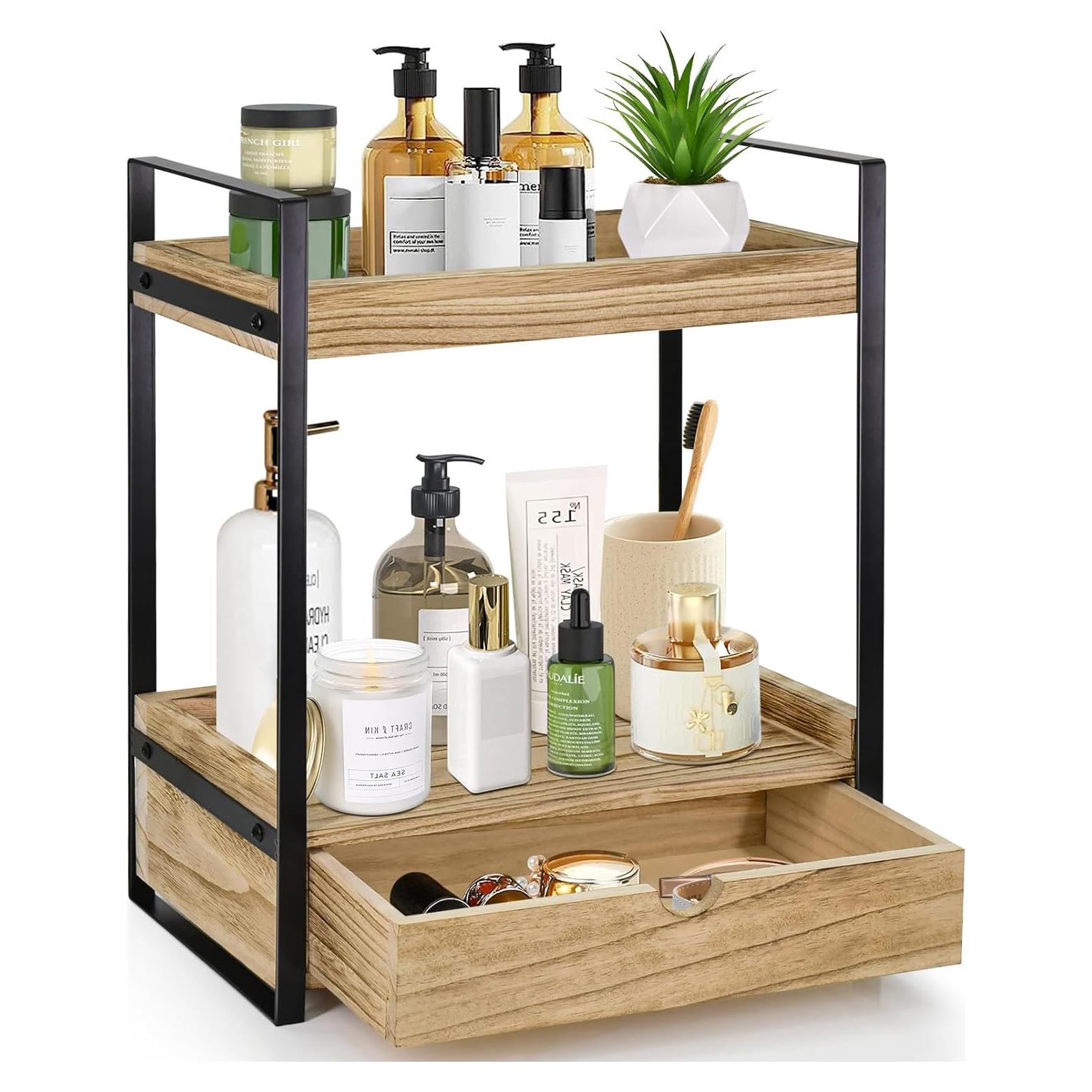 Organizador de baño Ukonvi 2 niveles con cajón madera marrón