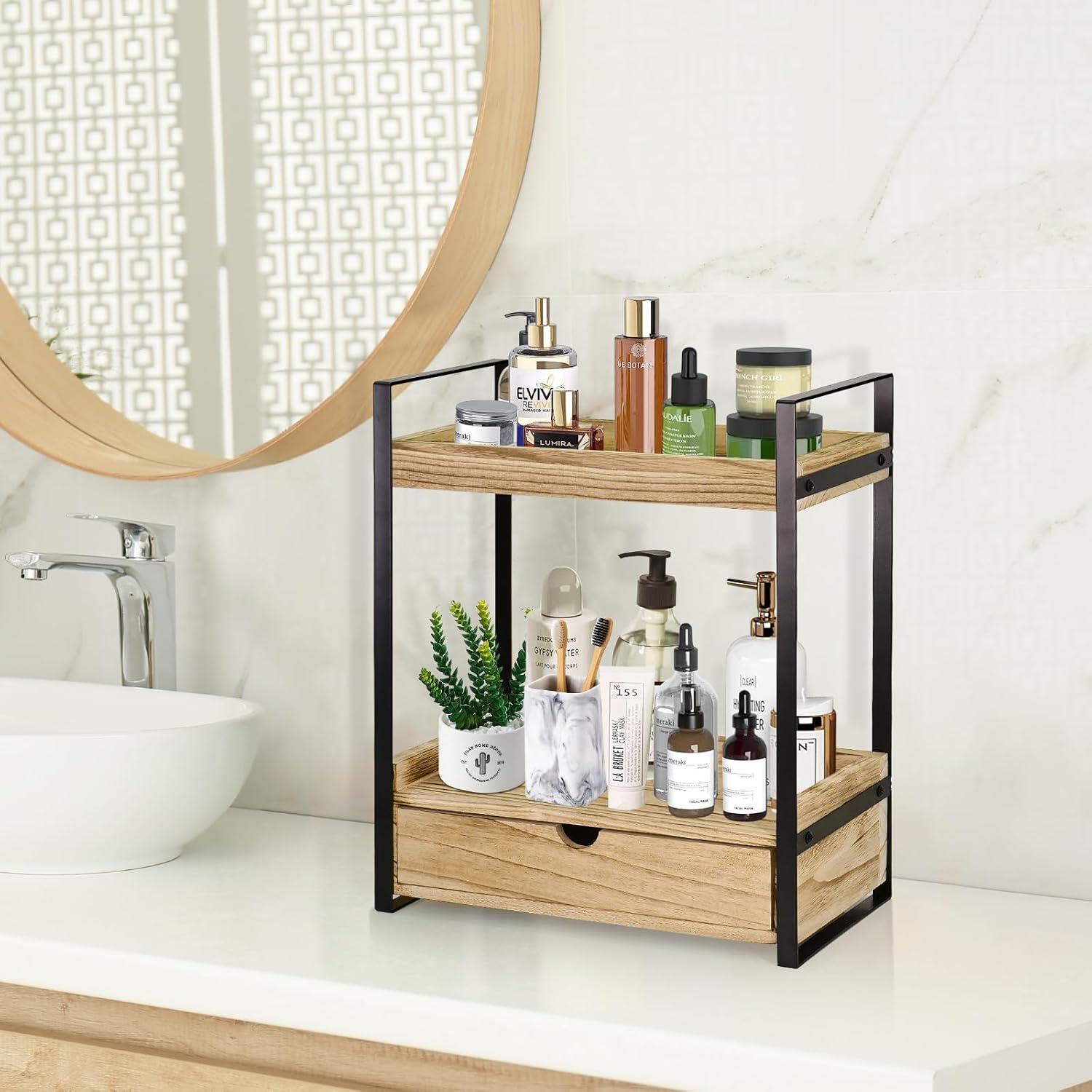 Organizador de baño Ukonvi 2 niveles con cajón madera marrón