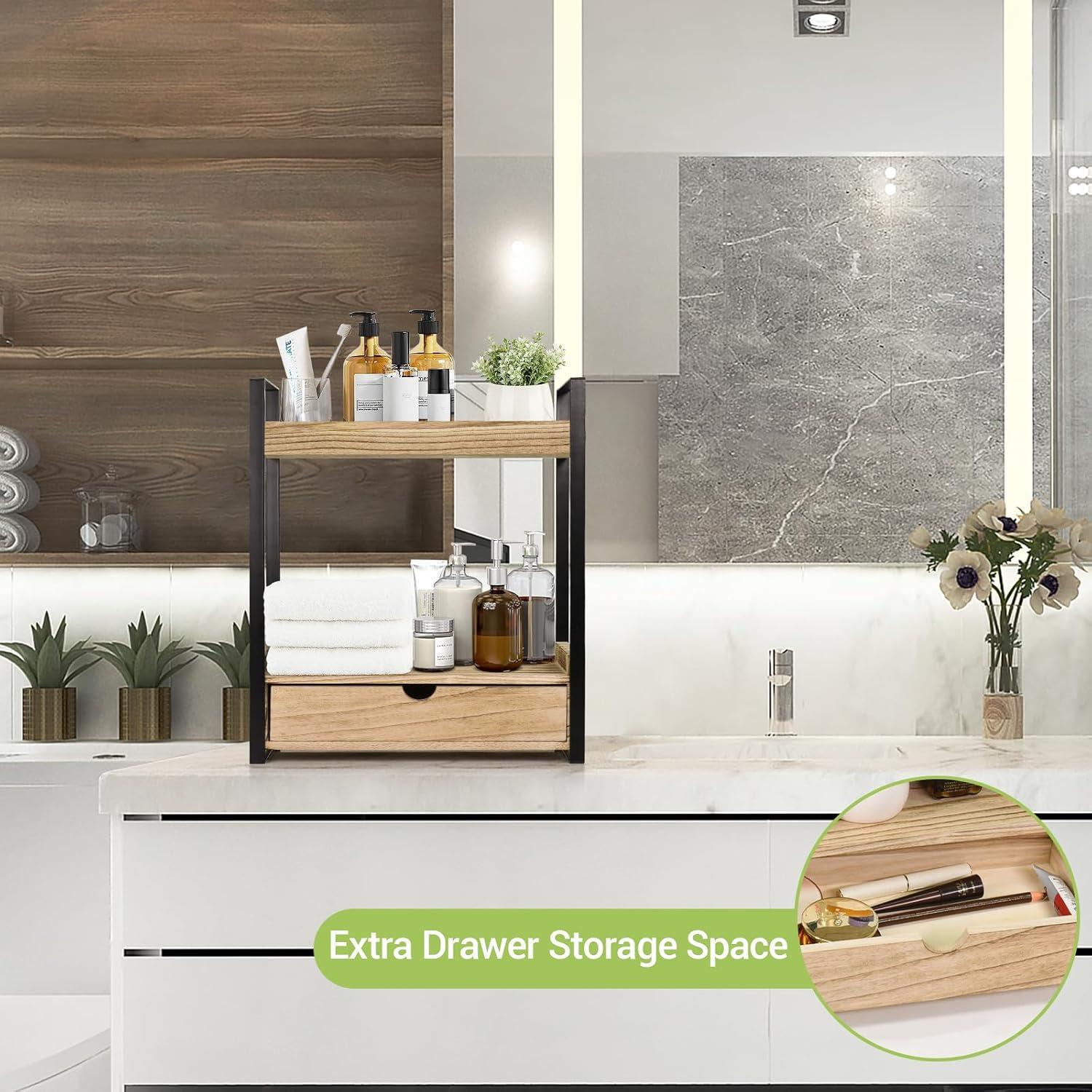 Organizador de baño Ukonvi 2 niveles con cajón madera marrón