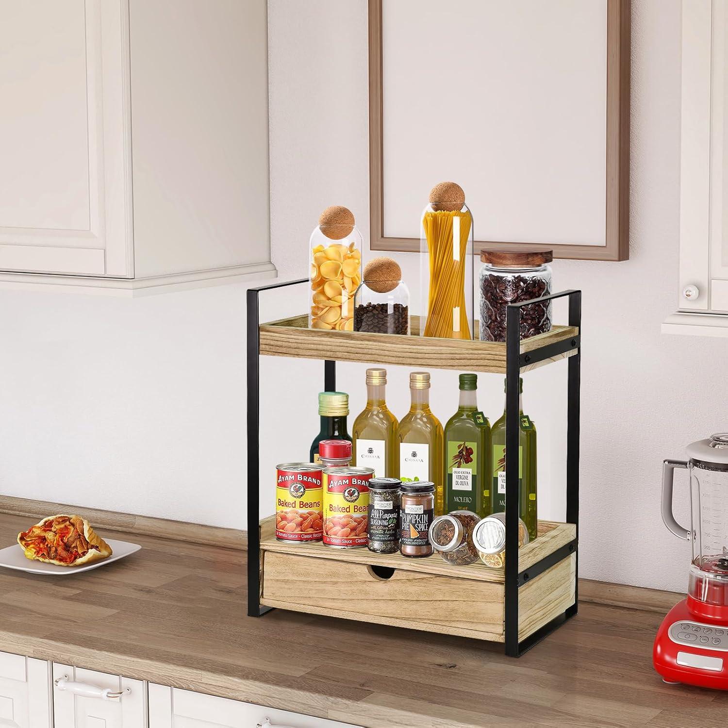 Organizador de baño Ukonvi 2 niveles con cajón madera marrón