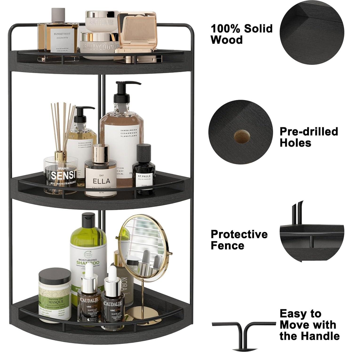 Organizador de Esquina para Baño Fixwal de Madera Rústica 3 Niveles