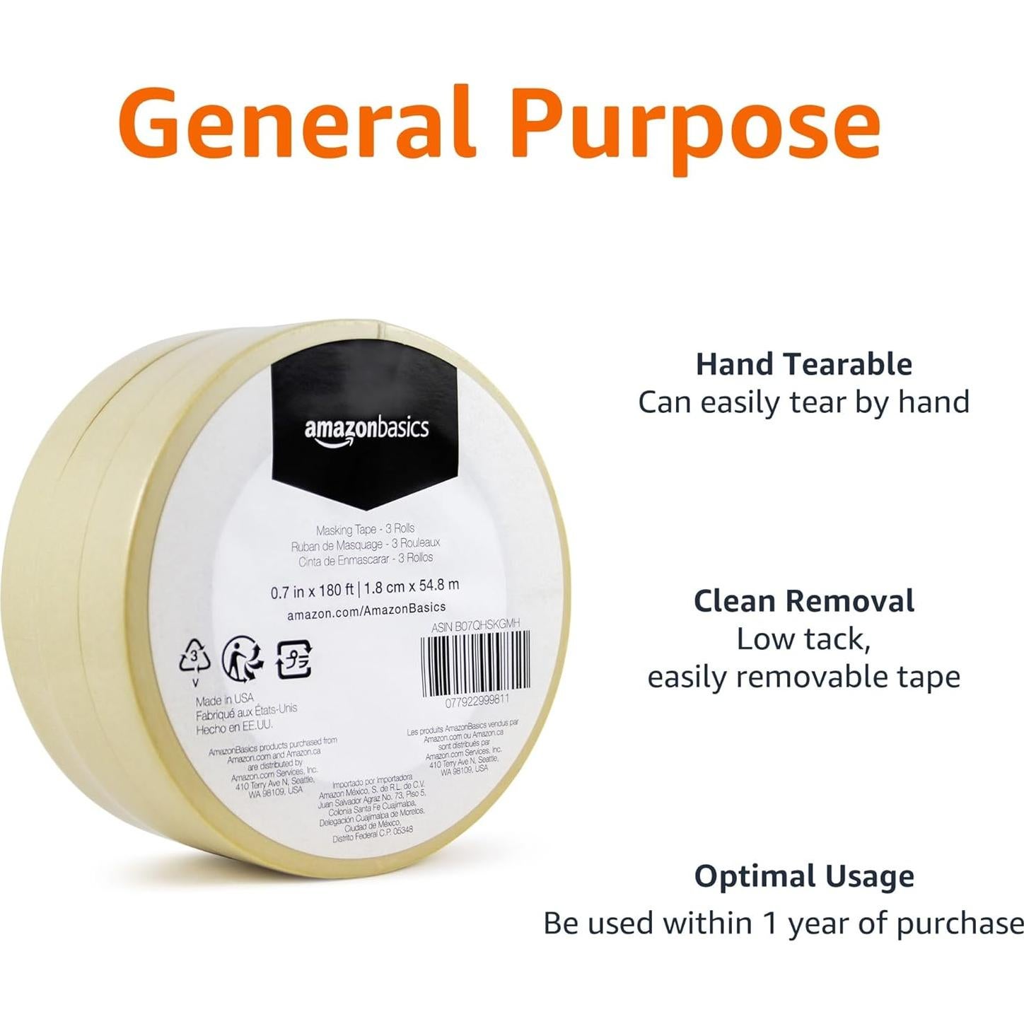 Cinta de Enmascarar Amazon Basics Beige 3 Rollos 0.7" x 54.86m
