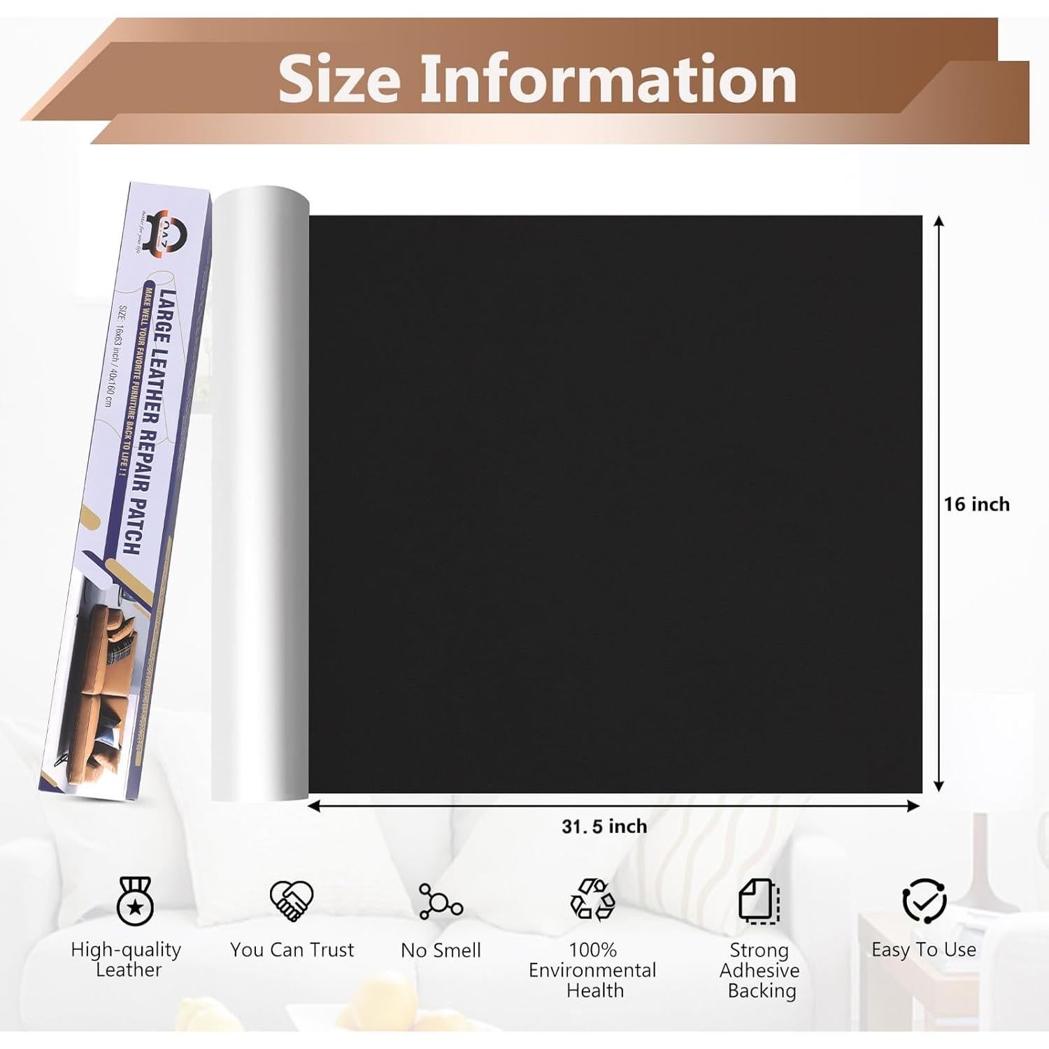 Large Leather Repair Patch Tape, 16"x 31.5" Self Adhesive Leather Repair Tape for Furniture, Leather Repair Kit for Car Seat, Couch, Sofa, Chair, Boat Seat - Smooth Black