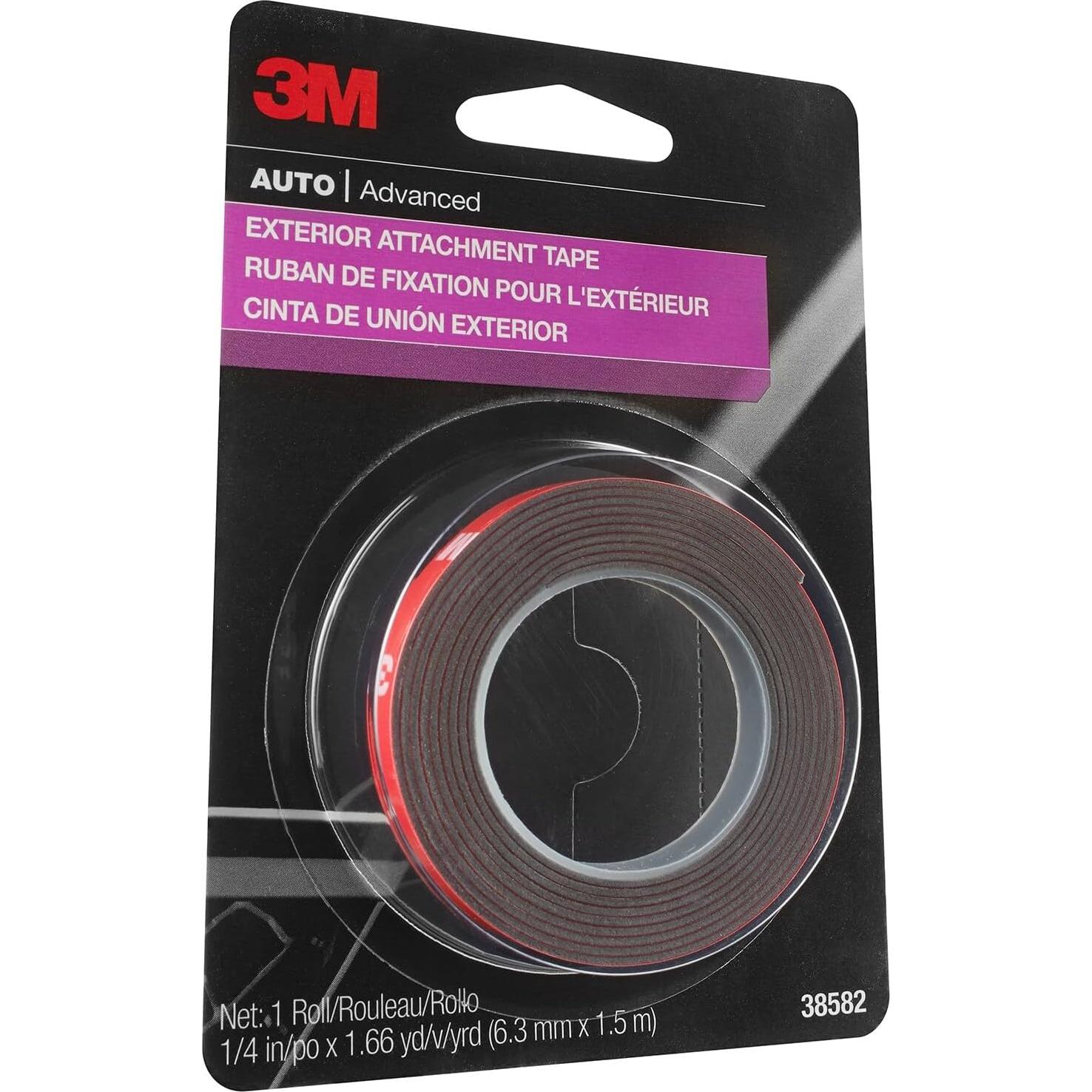 3M Auto Exterior Attachment Tape, 1/4 in x 5 ft, Heavy Duty Double-Sided Automotive Tape for Car Trim, Moldings, Emblems, and Badges (38582)
