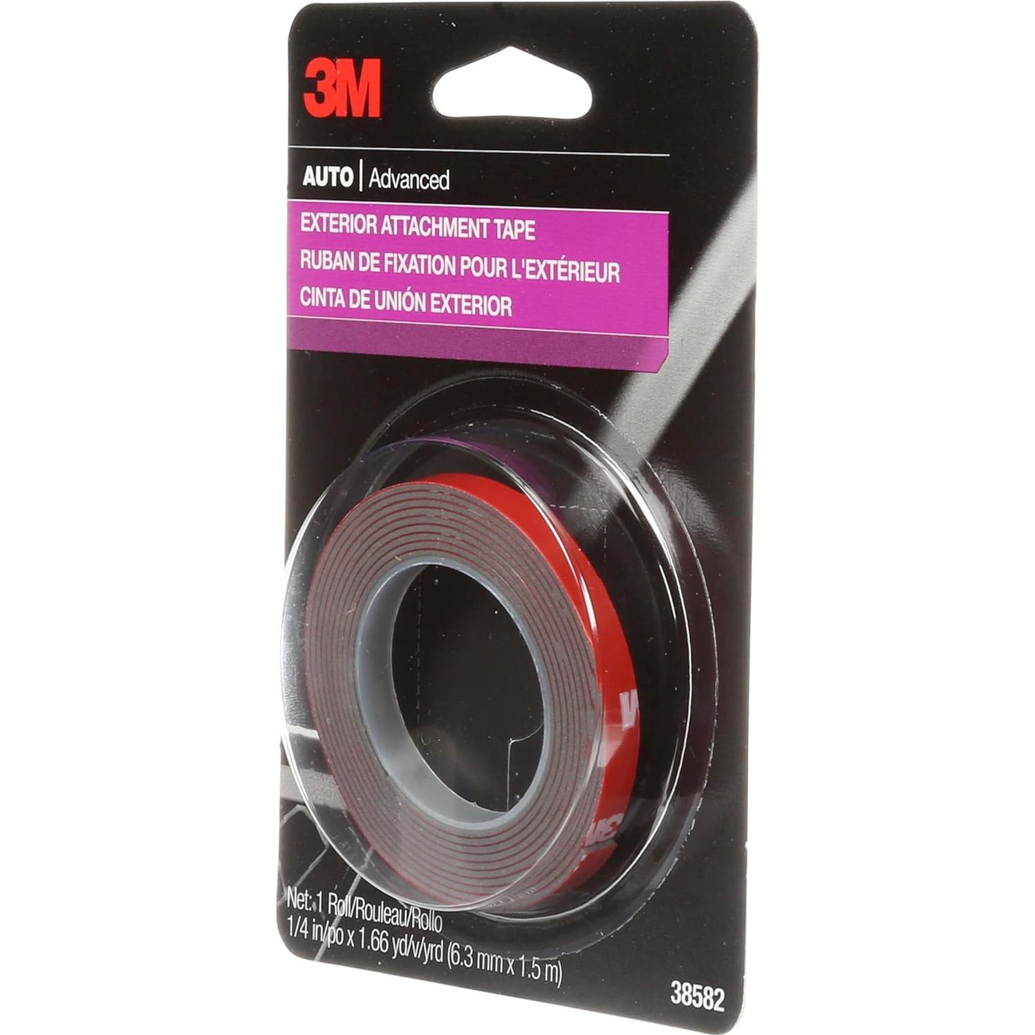 3M Auto Exterior Attachment Tape, 1/4 in x 5 ft, Heavy Duty Double-Sided Automotive Tape for Car Trim, Moldings, Emblems, and Badges (38582)