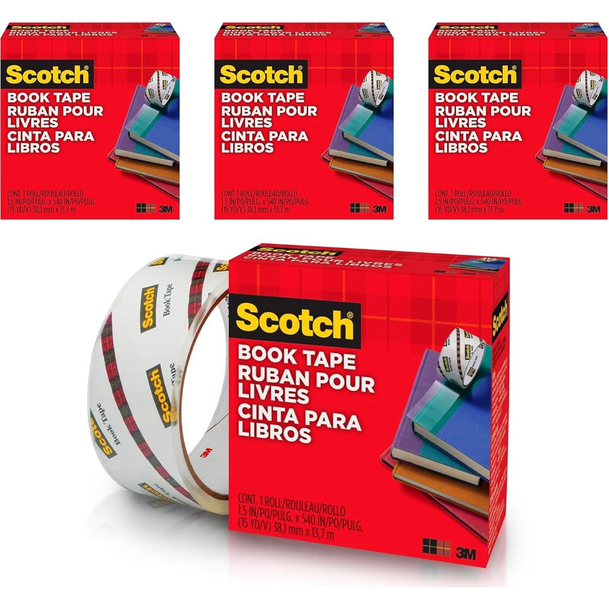 Cinta para Libros Scotch 845, 3.81 cm x 13.72 m, Transparente, 4 Rollos