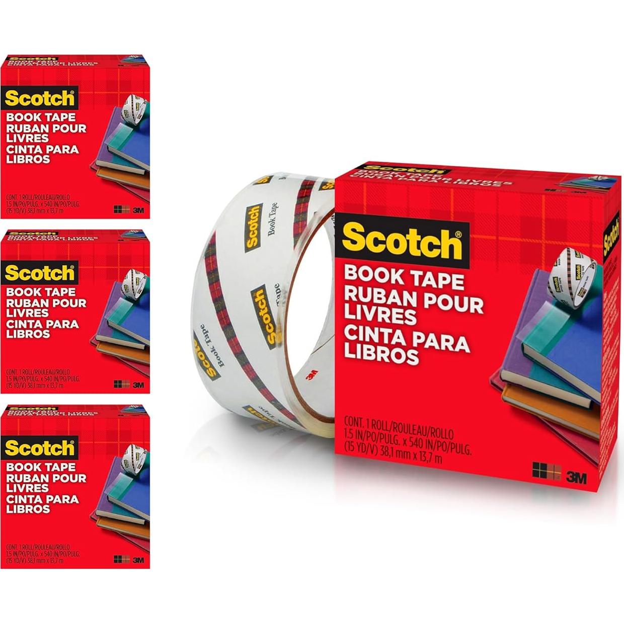 Cinta para Libros Scotch 845, 3.81 cm x 13.72 m, Transparente, 4 Rollos