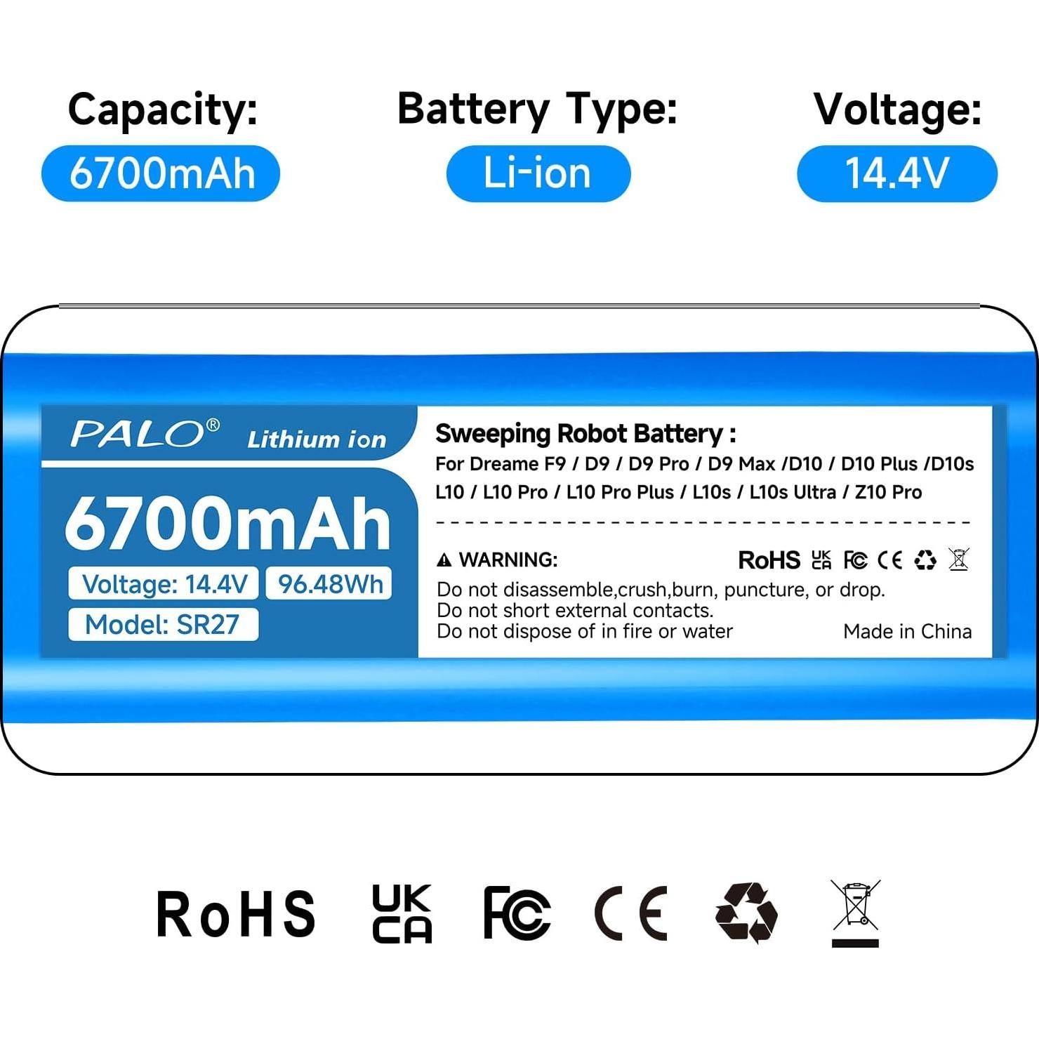 Batería de Reemplazo 6700mAh Palogreen para Aspiradora Dreame D9 D10