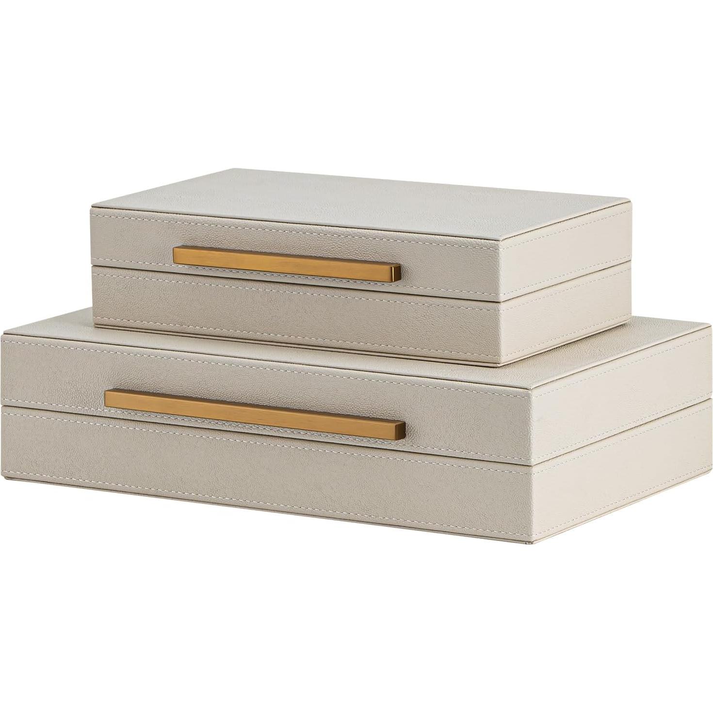 Juego de 2 Cajas Decorativas Beige SYYSY con Mangos Dorados