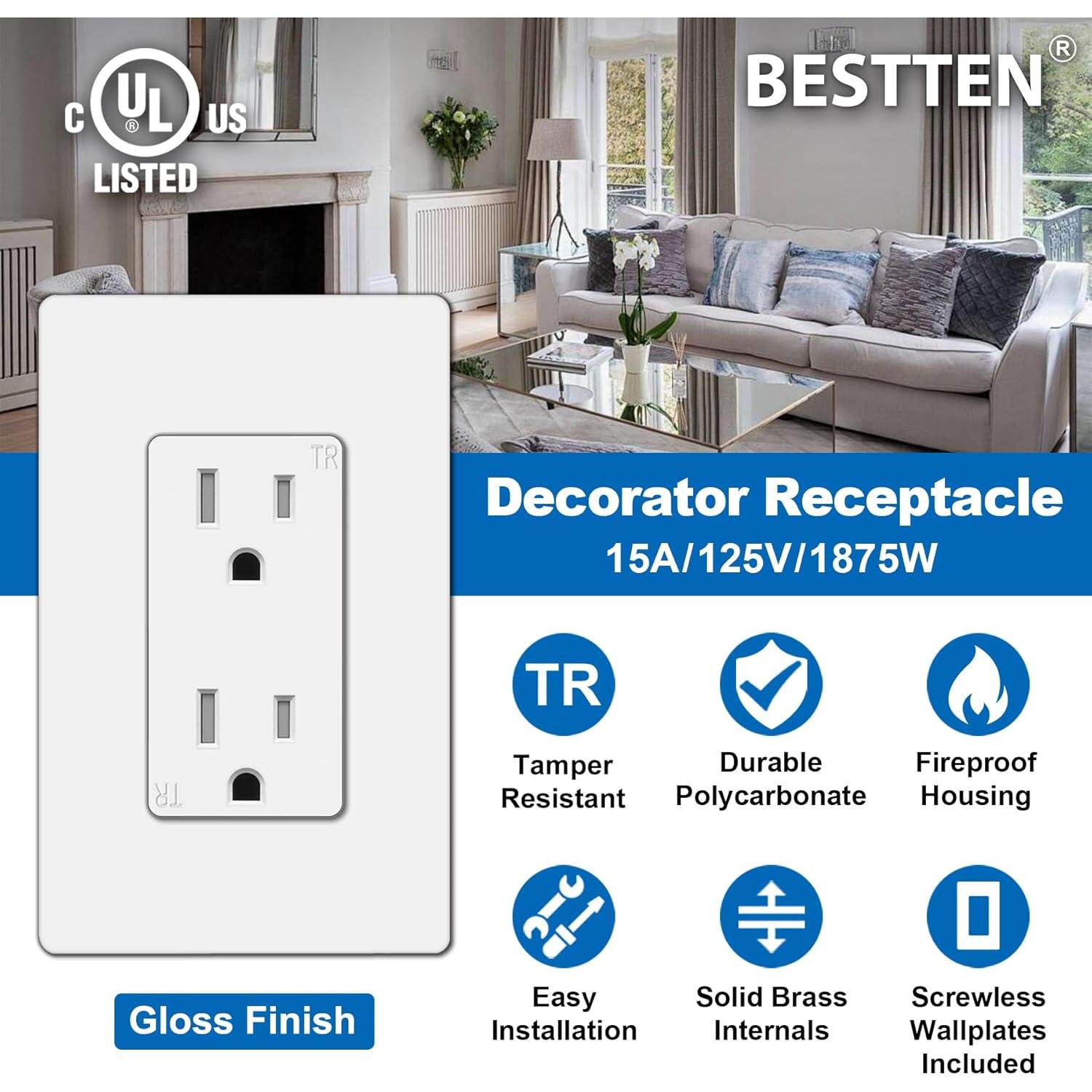 Toma de Corriente Decorativa BESTTEN 15A Blanca UL/cUL