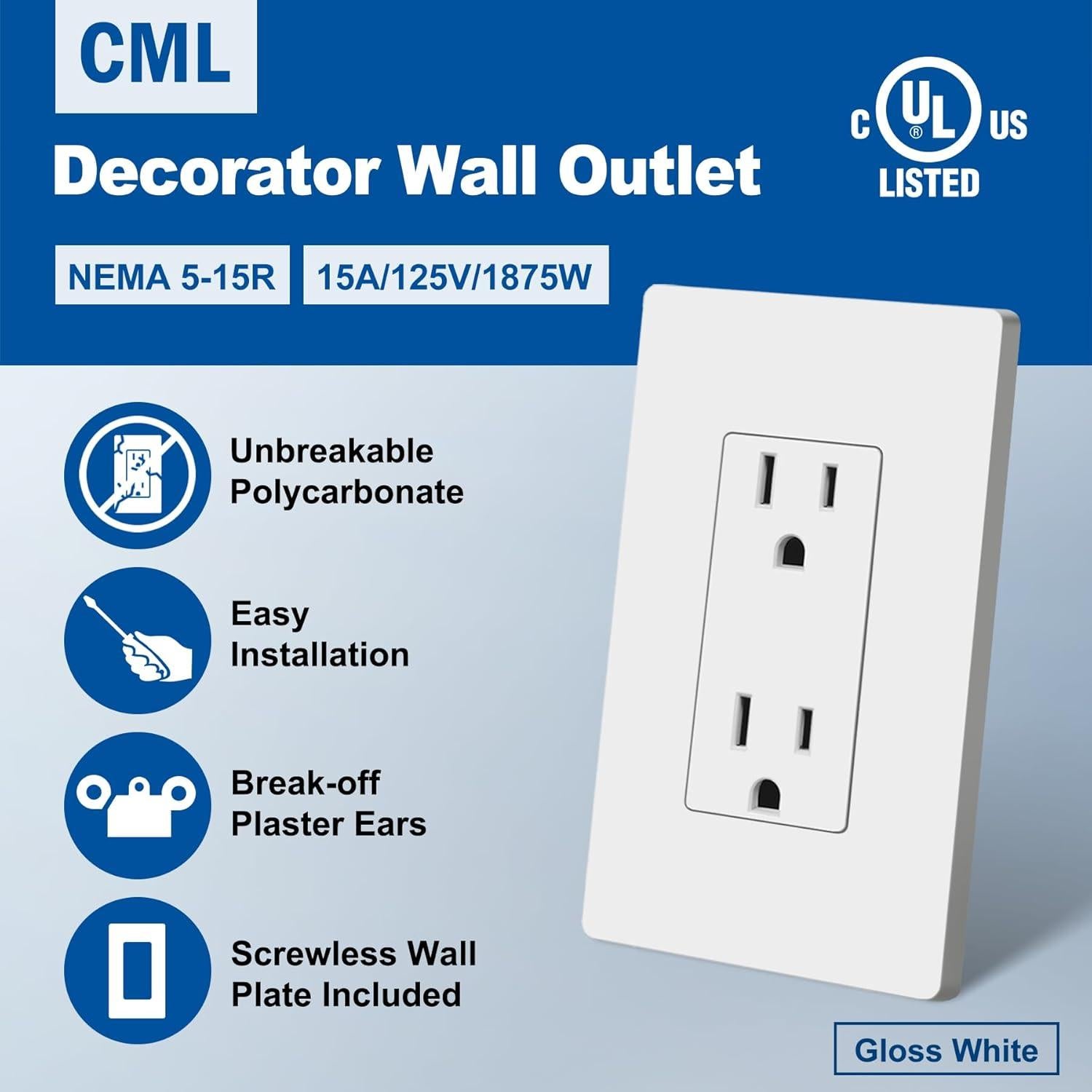 Tomacorriente Eléctrico CML 15A Paquete de 20 con Placa Blanca