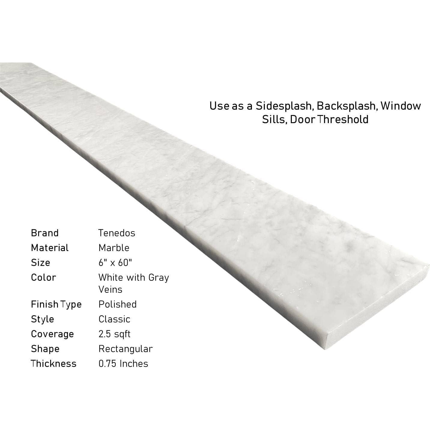 Umbral de Mármol Carrara Gris Claro Tenedos 15.24x152.4 cm