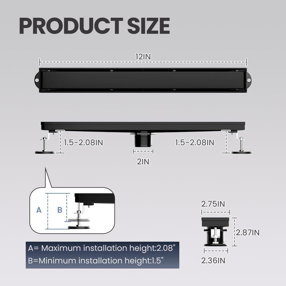 Desagüe de Ducha Lineal LISEEGO 30.48 cm Acero Inoxidable Negro