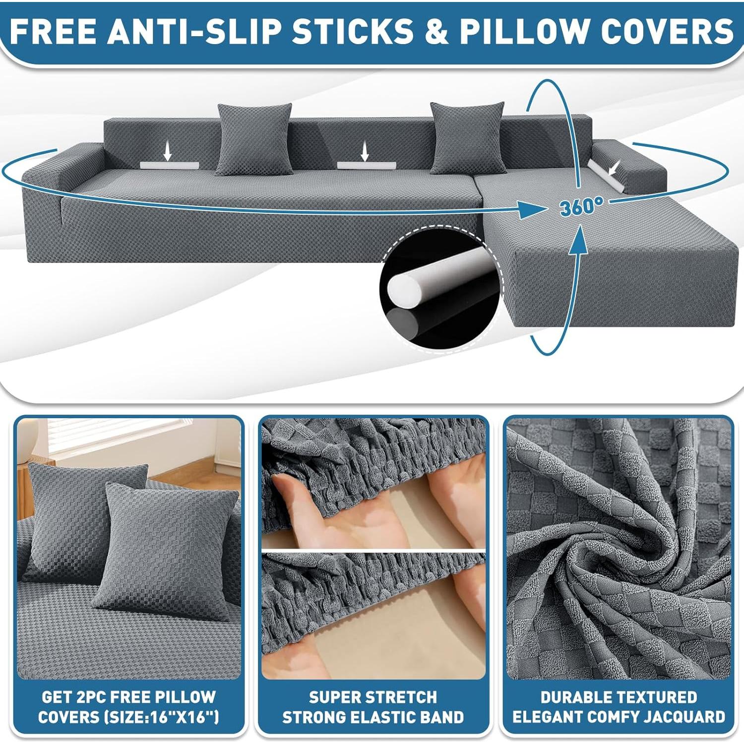 Fundas de Sofá Seccional ZNSAYOTX Jacquard Elástico 2 Pcs Gris Claro