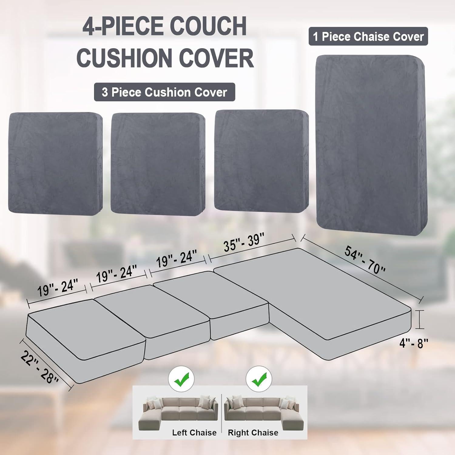 Funda de Sofá Seccional NAISI 4 Piezas Terciopelo Gris Oscuro