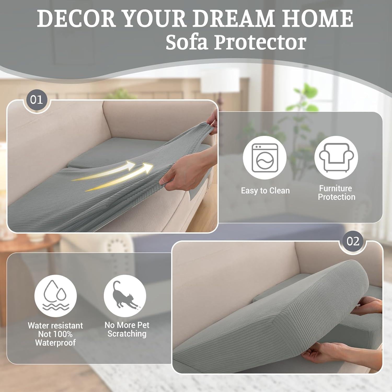 Fundas de Sofá Seccional BT.WA 3 Piezas Lavables Gris Claro