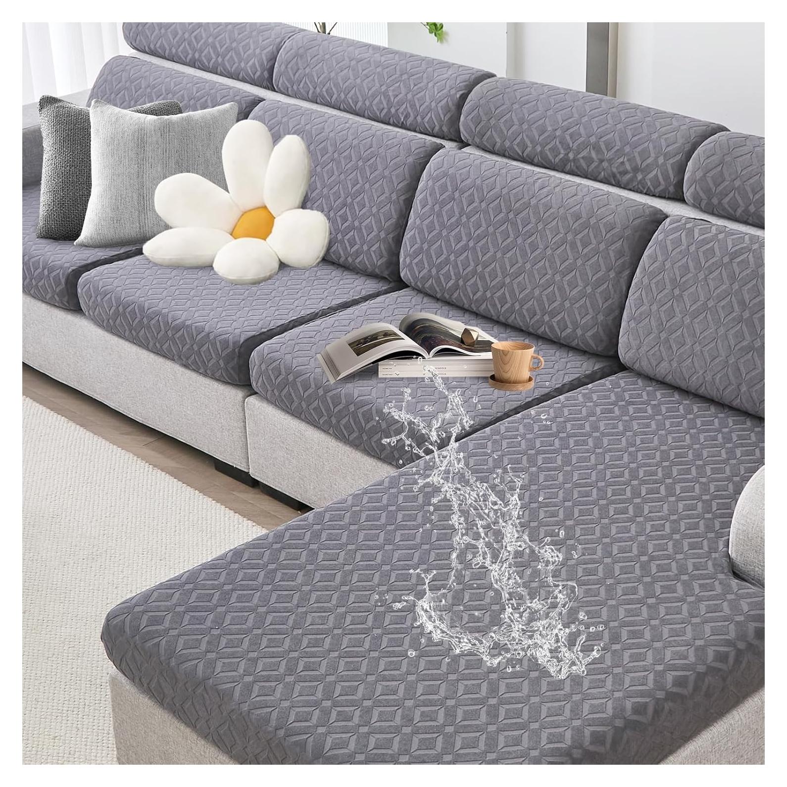 Couch Cushion Covers Waterproof, Couch Covers for 3 Cushion Couch Sofa Pet Friendly, Stretch Sectional Couch Covers Non Slip, Washable, Sofa Slipcovers with Elastic Bottom (3 Seater + 1 Chaise)