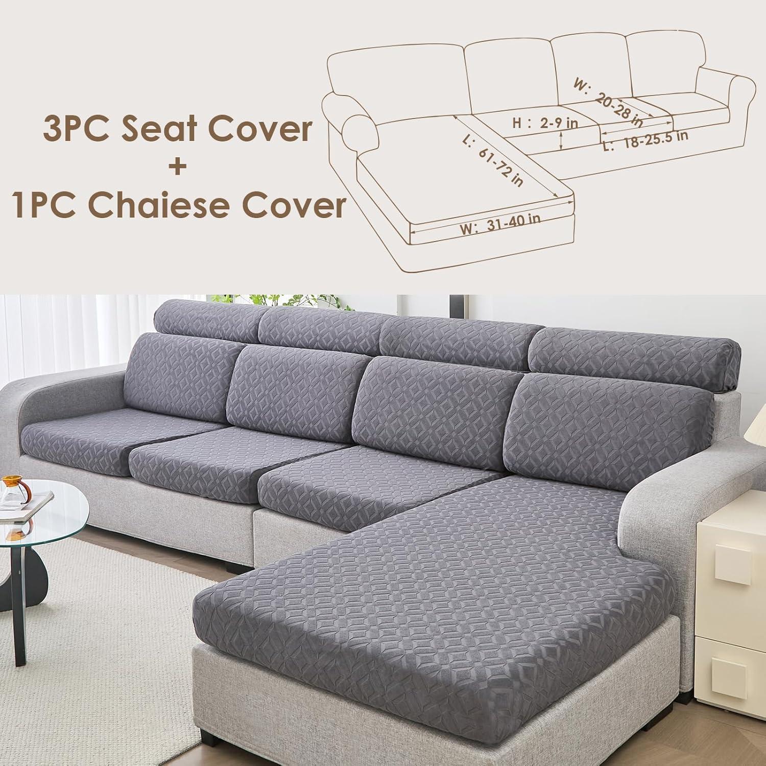Couch Cushion Covers Waterproof, Couch Covers for 3 Cushion Couch Sofa Pet Friendly, Stretch Sectional Couch Covers Non Slip, Washable, Sofa Slipcovers with Elastic Bottom (3 Seater + 1 Chaise)
