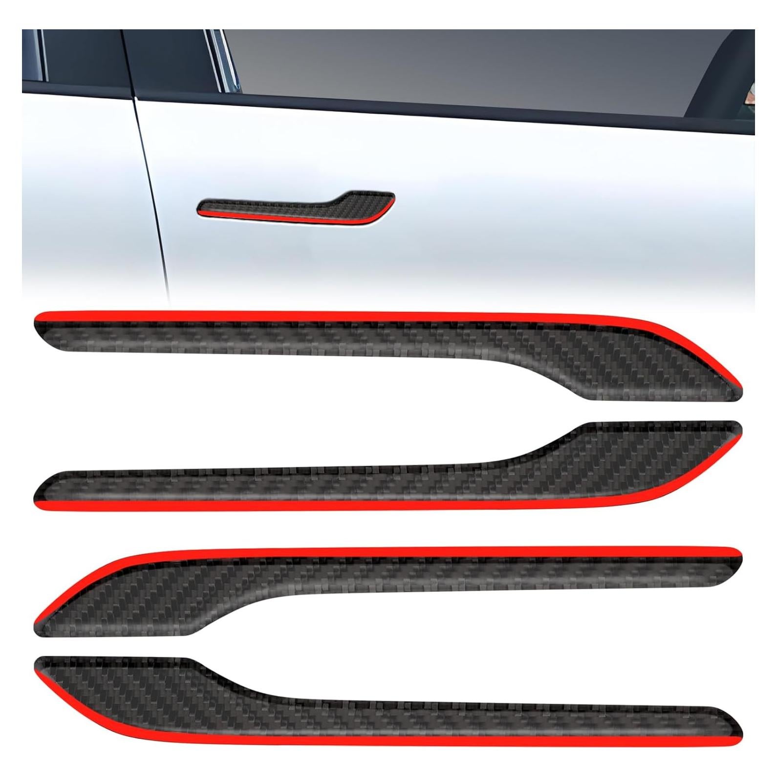 Cubiertas de Manijas de Puerta MUCKLILY para Tesla Model 3/Y - 4 Piezas Fibra de Carbono con Borde Rojo