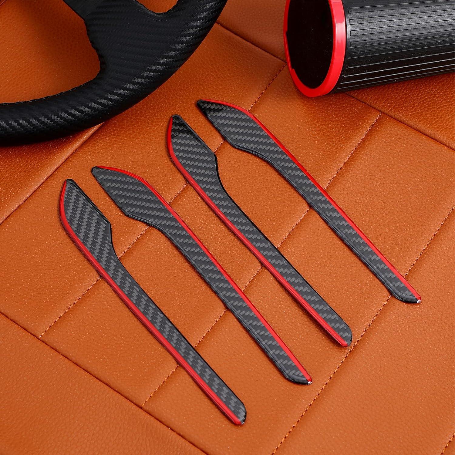 Cubiertas de Manijas de Puerta MUCKLILY para Tesla Model 3/Y - 4 Piezas Fibra de Carbono con Borde Rojo