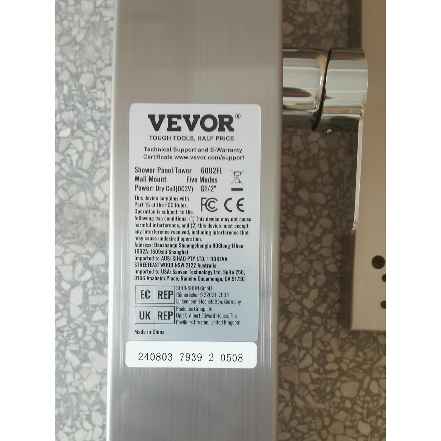 Sistema de Ducha VEVOR 5 Modos con Panel LED y 2 Jets Masaje