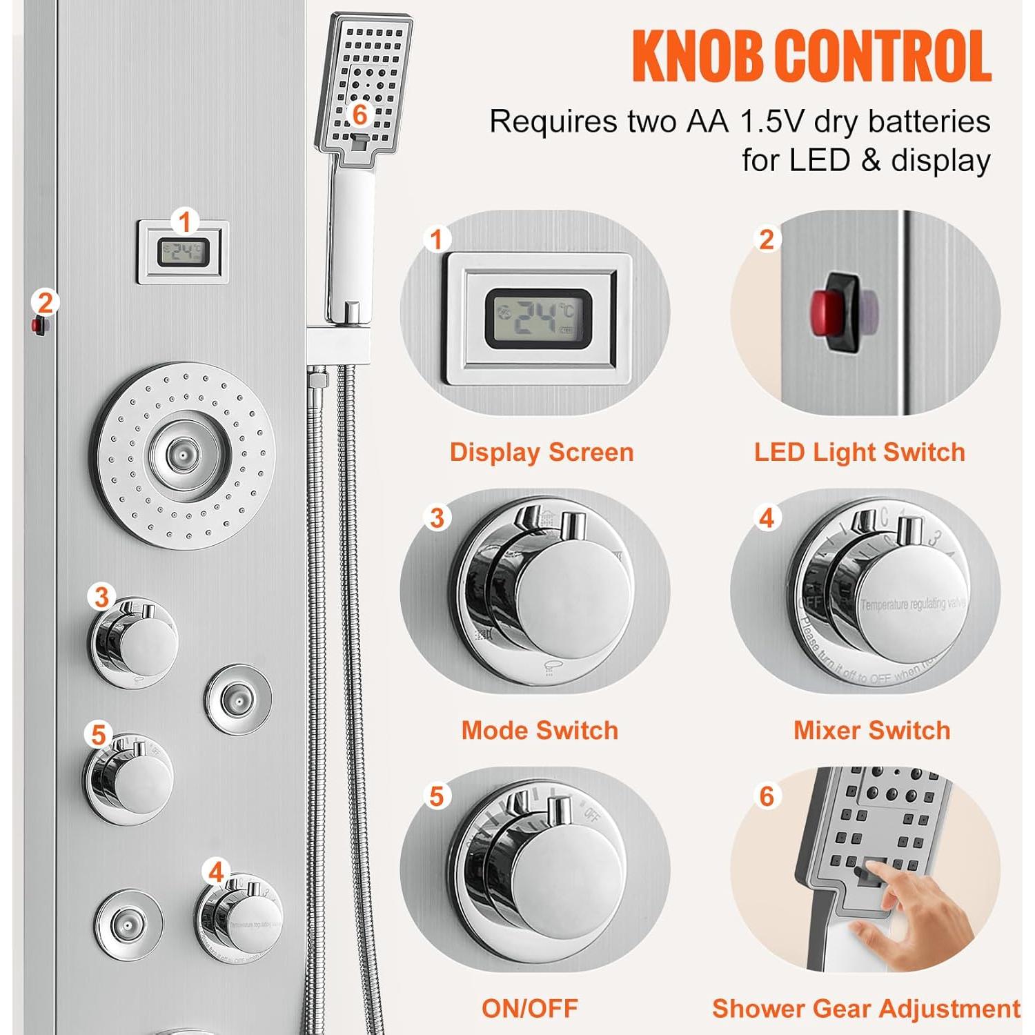 Sistema de Panel de Ducha VEVOR 6 Modos con LED y 4 Jets Masaje