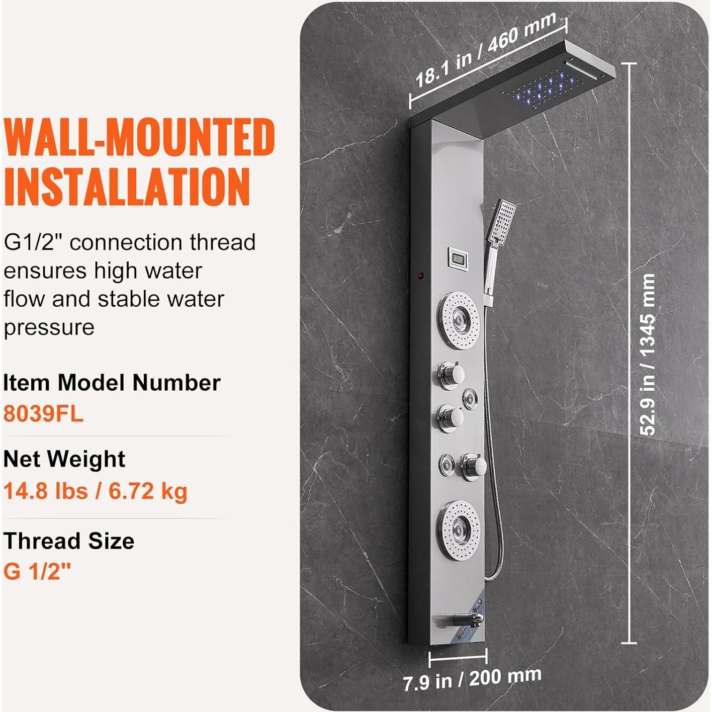 Sistema de Panel de Ducha VEVOR 6 Modos con LED y 4 Jets Masaje